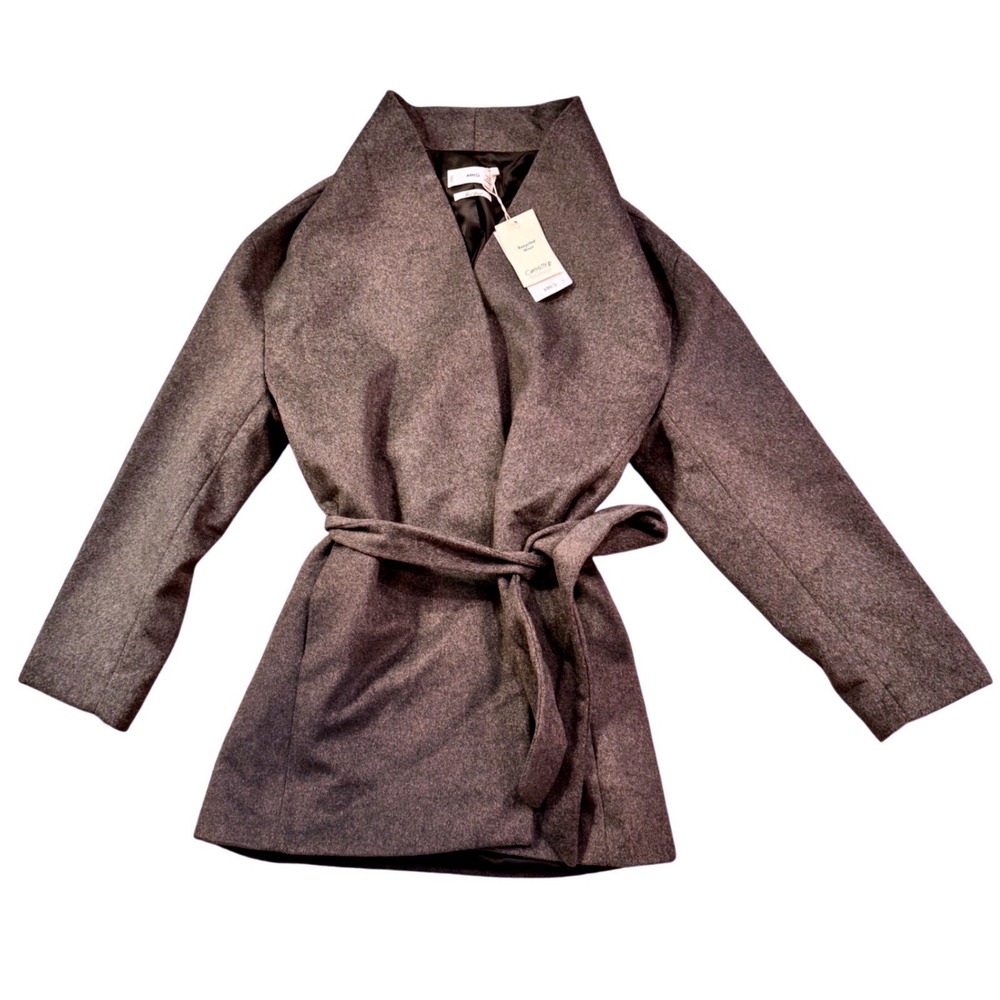 NWT Mango Long Wool‎ Blend Belted Wrap Coat Dark Gray Size S